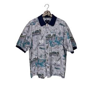 Sportif XL Vintage Fisherman Print Cotton Button Down Shirt - Nautical Casual